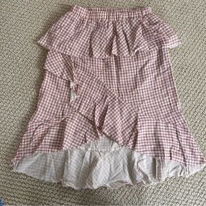 Red Gingham Ruffle Midi Skirt with unfinished hem S